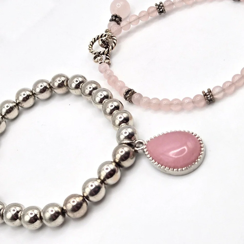Two Beaded Bracelets Silver Tone Beads Pink Charm & Rose Quartz Toggle Closure‎